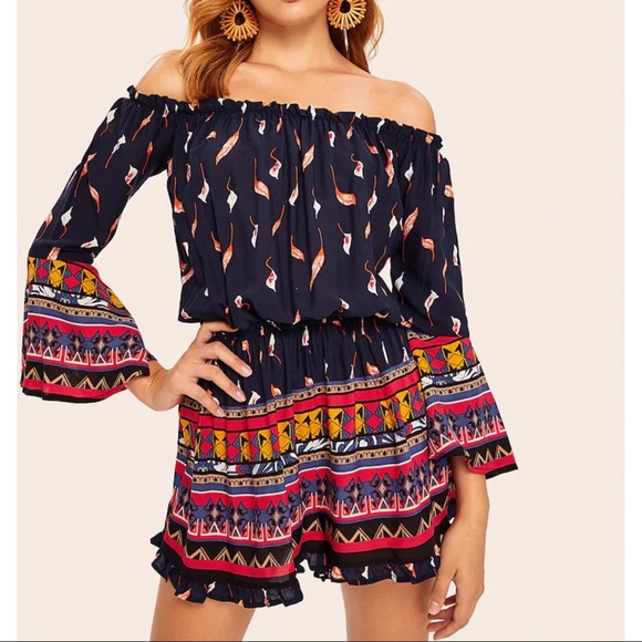 Boho Off Shoulder Printed Romper - Picture 1 of 3